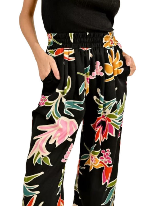 Women's Fabric Trousers with Elastic Loose Fit Floral Black