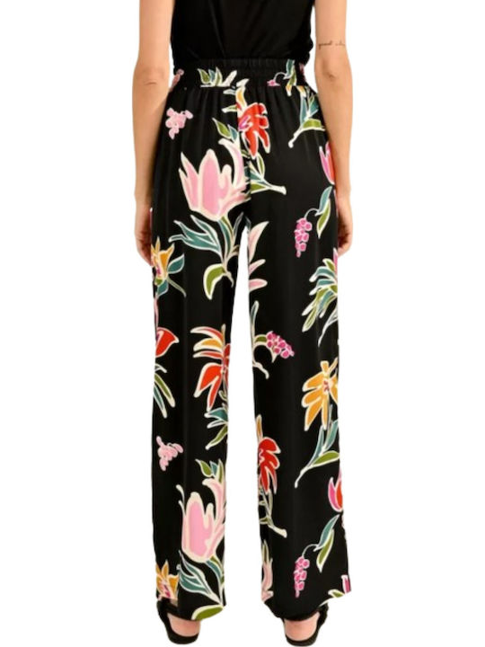 Women's Fabric Trousers with Elastic Loose Fit Floral Black