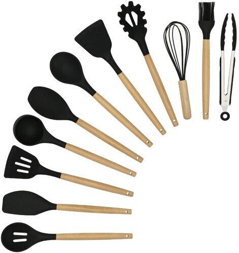 Ruhhy Silicone Cooking Utensil Set with Base Black 11pcs