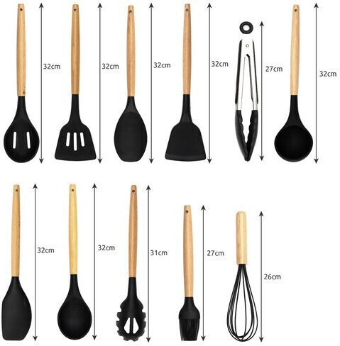 Ruhhy Silicone Cooking Utensil Set with Base Black 11pcs