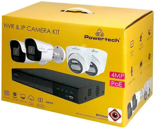 Powertech Σύστημα Παρακολούθησης 4 Καμερών IP 8MP με Καταγραφικό NVR