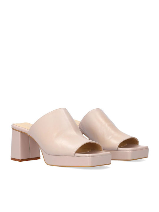 Leather Mules with Chunky High Heel in Beige Color