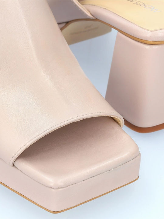 Leather Mules with Chunky High Heel in Beige Color