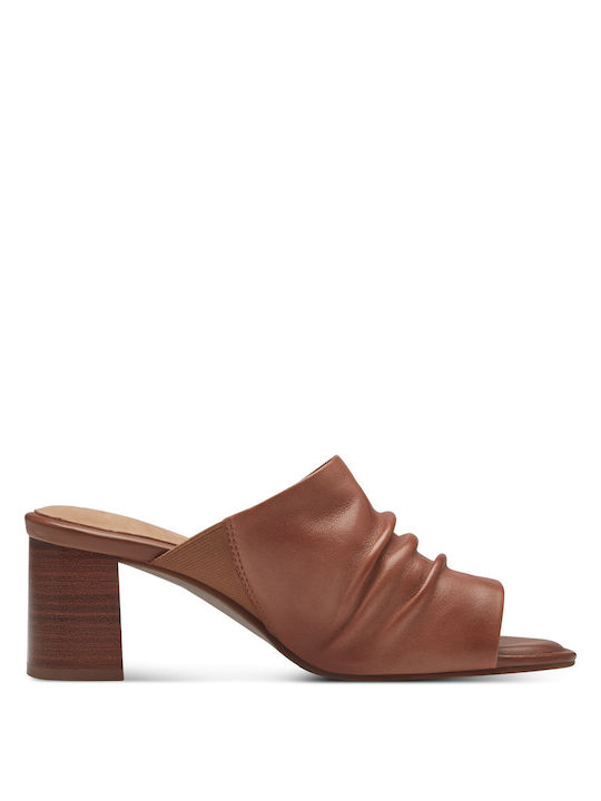 Tamaris Heel Leather Mules Tabac Brown