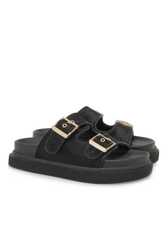 Exe Leather Women's Flat Sandals in Black Color