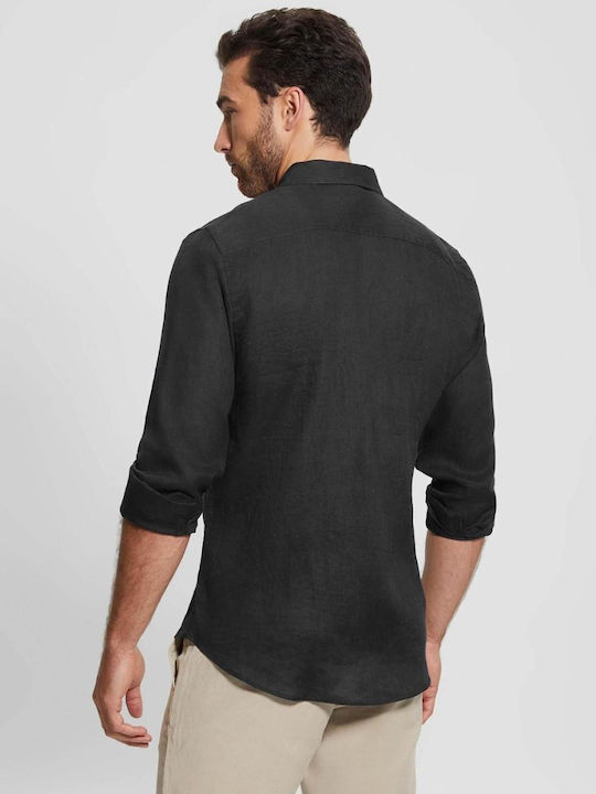 Guess Men's Shirt Long Sleeve Linen Black