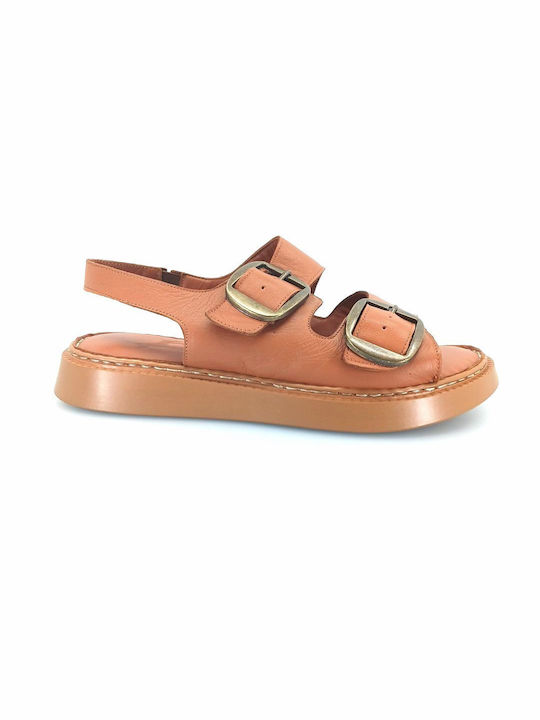 Boxer Leather Women's Flat Sandals with Strap in Tabac Brown Color