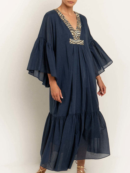 Greek Archaic Kori Maxi Dress with Ruffle Navy Blue