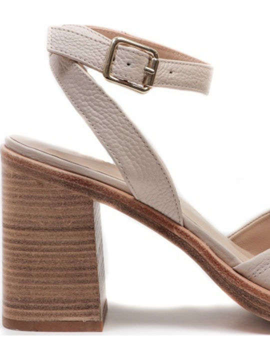Platform Leather Women's Sandals with Ankle Strap Beige with High Heel