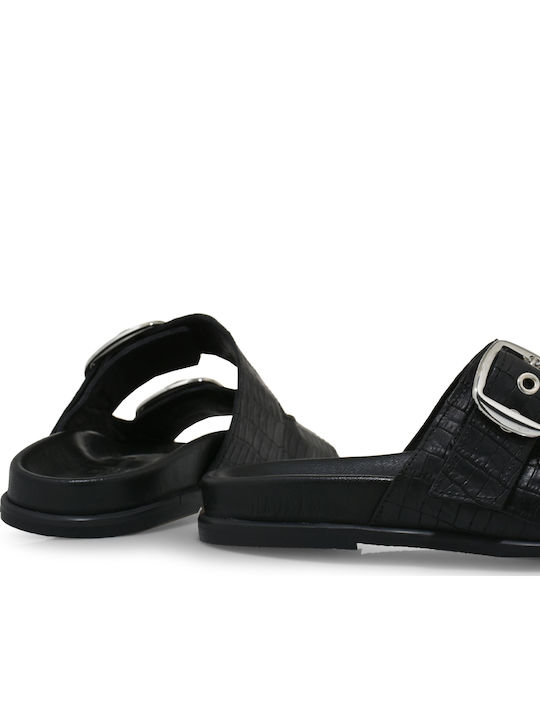Leather Women's Flat Sandals in Black Color