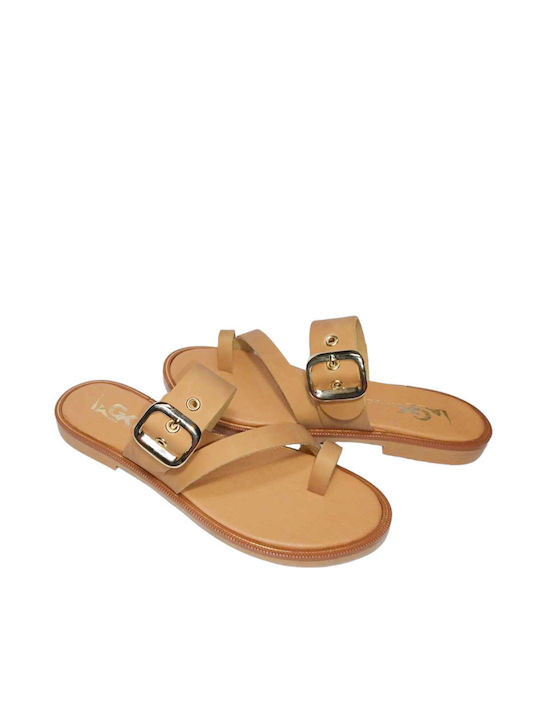 Gk Shoes Leather Women's Flat Sandals in Beige Color