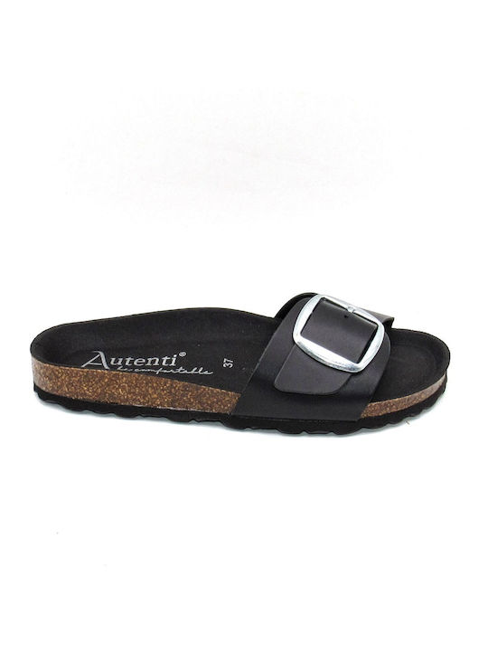 Autenti Shoes Leather Women's Flat Sandals Anatomic in Black Color