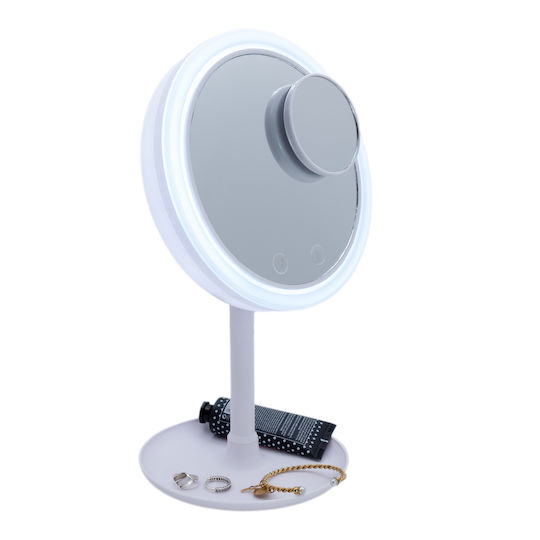 Schminkspiegel Tischplatte beleuchtet LED Rundventilator Schmucksockel Pflegeprodukte Zubehör Verstellbarer Spiegelneigung Beleuchtungsanschluss USB-Kabel 17x17x35cm