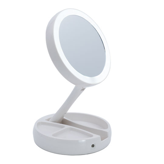 Oglindă de machiaj iluminată cu LED, rotundă, pe masă, cu spațiu de depozitare pentru cosmetice și bijuterii, albă, 15.5x15.5x28cm