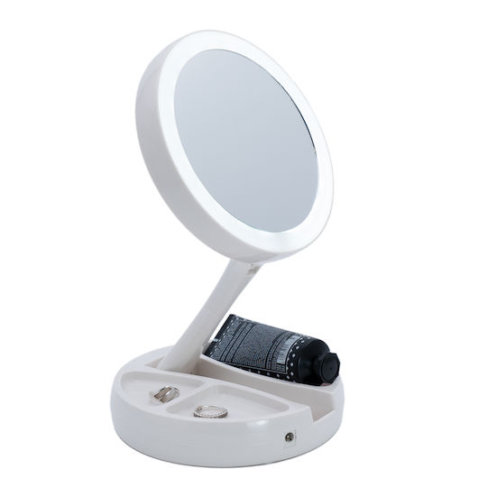 Oglindă de machiaj iluminată cu LED, rotundă, pe masă, cu spațiu de depozitare pentru cosmetice și bijuterii, albă, 15.5x15.5x28cm