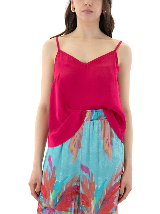 Moutaki Damen Crop Top Satin Ärmellos Fuchsia