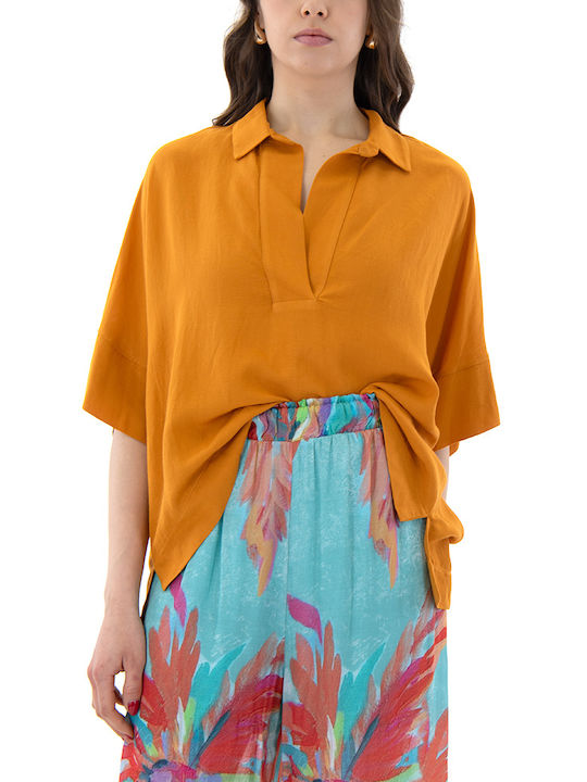 Moutaki Women's Summer Blouse Linen with V Neckline orange