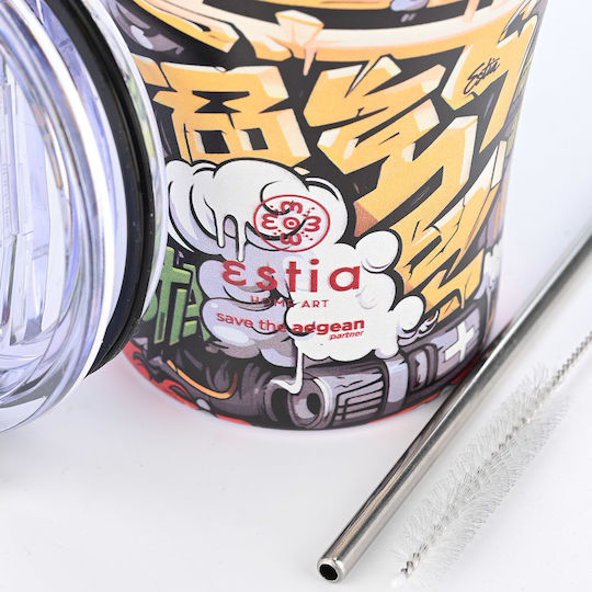 Estia Coffee Mug Save The Aegean Recyclable Glass Thermos Stainless Steel BPA Free 350ml Graffiti Rhythm with Straw