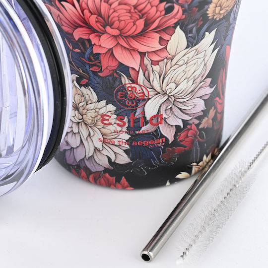 Estia Coffee Mug Save The Aegean Recycelbar Glas Thermosflasche Rostfreier Stahl BPA Frei 350ml Midnight blossom mit Stroh
