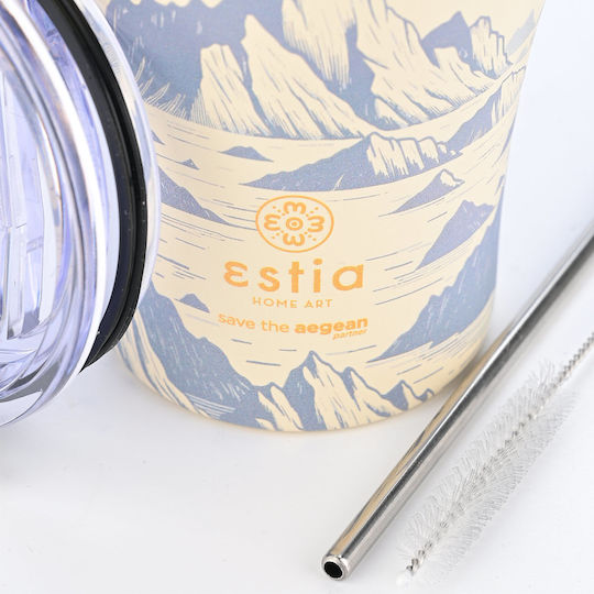 Estia Coffee Mug Save The Aegean Recyclable Glass Thermos Stainless Steel BPA Free 350ml Alpine essence with Straw
