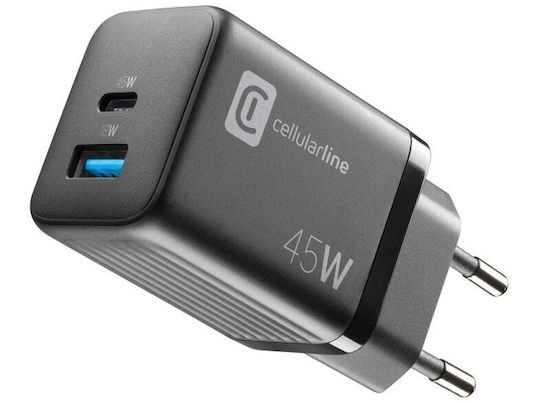 Cellular Line Φορτιστής Χωρίς Καλώδιο GaN με Θύρα USB-A και Θύρα USB-C 45W Power Delivery Μαύρος (ACHUSBGAN2PD45WK)