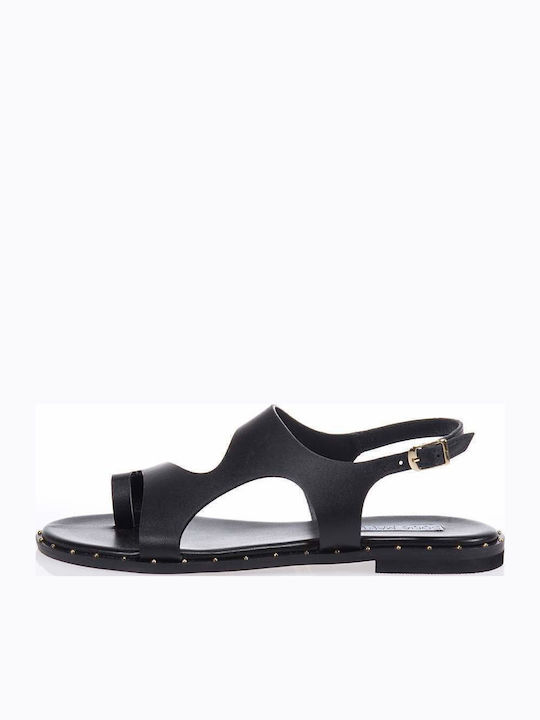 Leather Women's Flat Sandals in Black Color