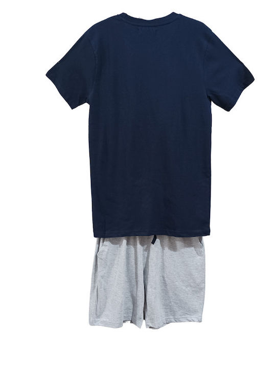 MEI Men's Summer Cotton Pajamas Set Blue/Grey