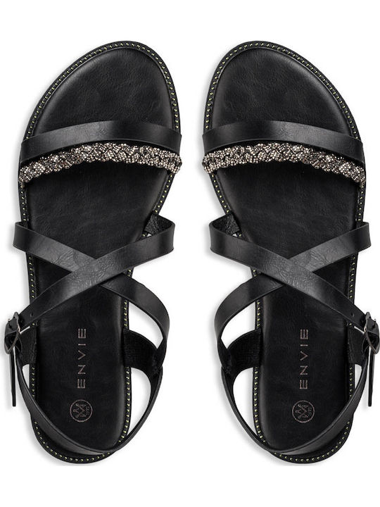 Flache Sandalen für Damen mit Riemen in Schwarz Farbe