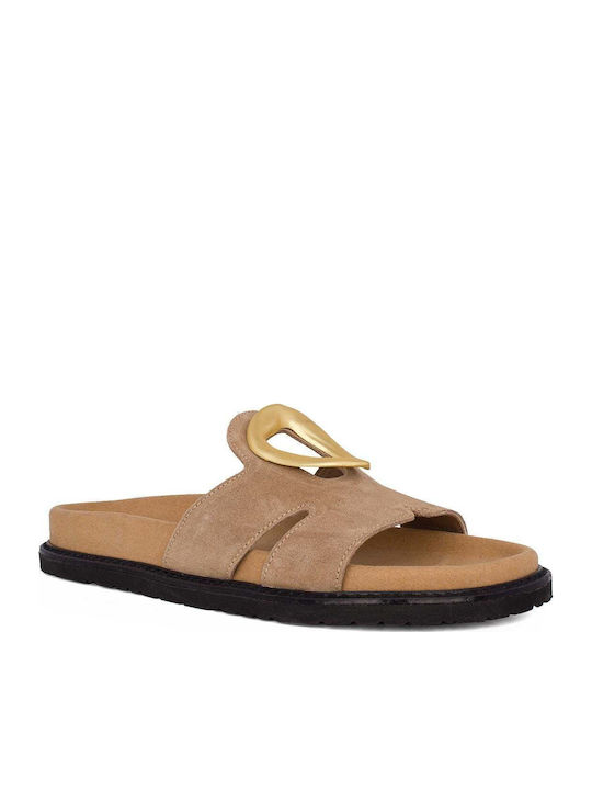 Leather Women's Flat Sandals in Beige Color