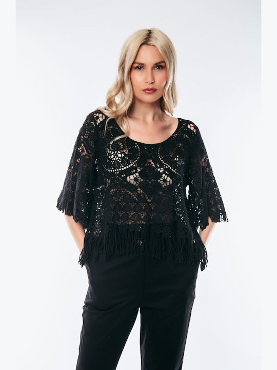 Dress Up Women's Blouse with Lace Black