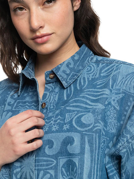 Beach Nostalgia Women's Denim Short Sleeve Shirt Blue