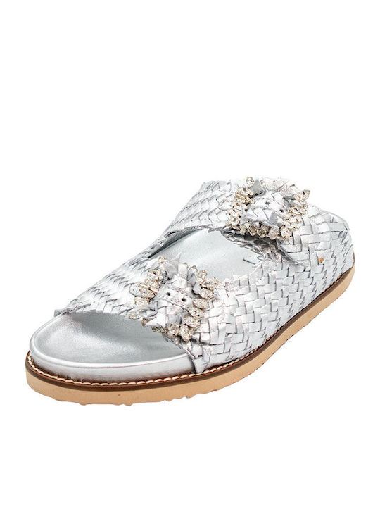 Leather Women's Flat Sandals in Silver Color