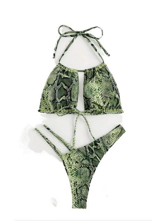 Woman's Fashion Bikini Set Top & Slip Bottom GREEN Animal Print