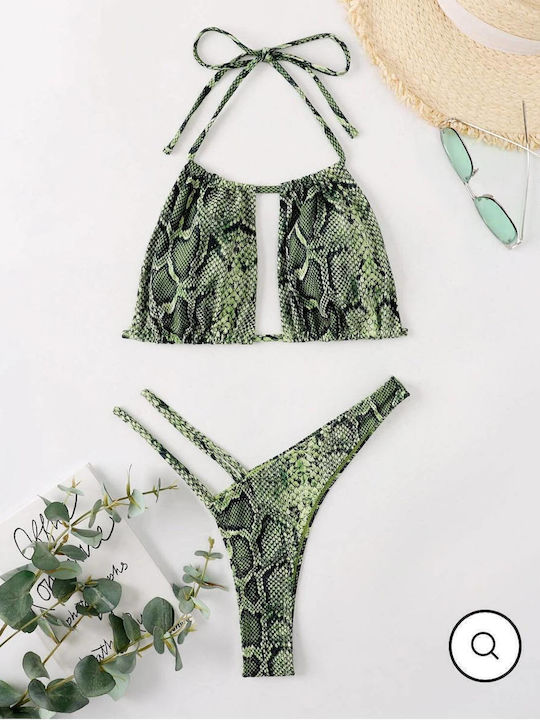 Bikini Set Top & Slip Bottom Green Animal Print