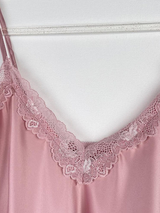 Women's Satin Short Nightgown Lace Adjustable Straps Slim Fit Pink