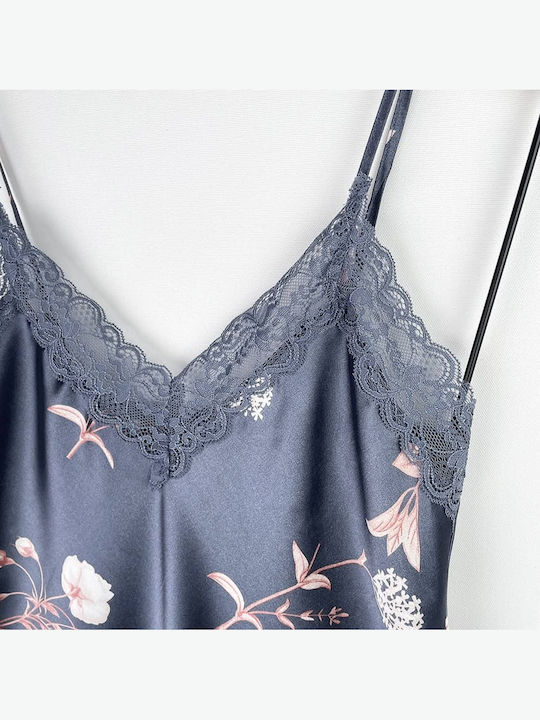Women's Satin Floral Short Lace Nightgown Slim Fit Blue-Grey