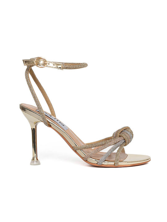 Politis shoes Anatomic Leather Women's Sandals with Strass Gold with High Heel