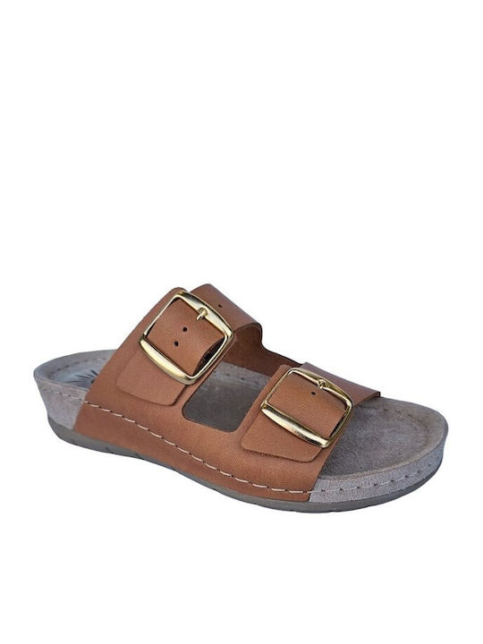 Sunny Sandals Leather Women's Flat Sandals in Tabac Brown Color