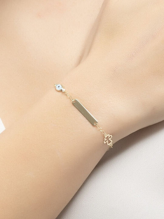 Eforo Kids Bracelet ID from Gold 9K with Baby Girl, Baby Boy, Σταυρό & Evil Eye
