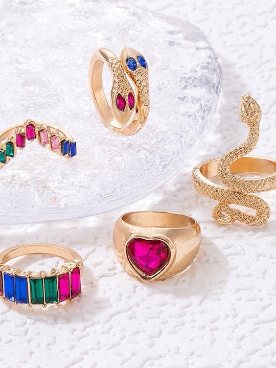 Set Golden Retro Punk Vintage Rings 5 Pieces Snake Heart Multicolor