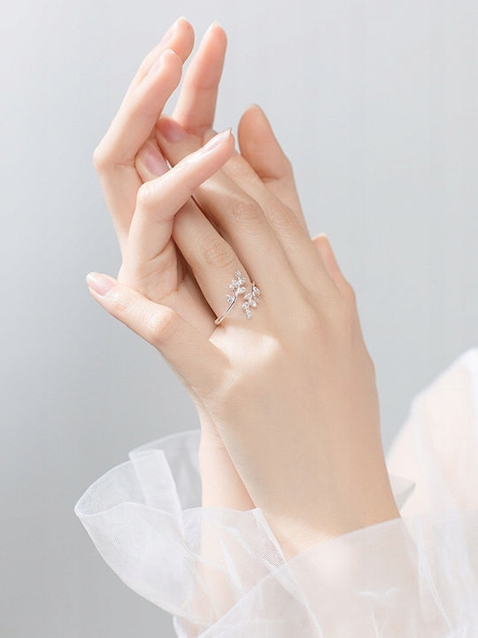 Silver Ring Leaf Crystals Adjustable Casual Beautiful Metal Uni