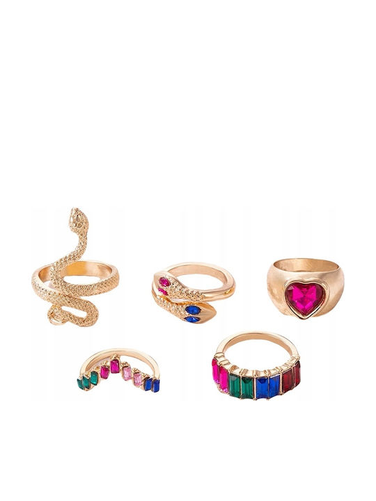 Set Golden Retro Punk Vintage Rings 5 Pieces Snake Heart Multicolor