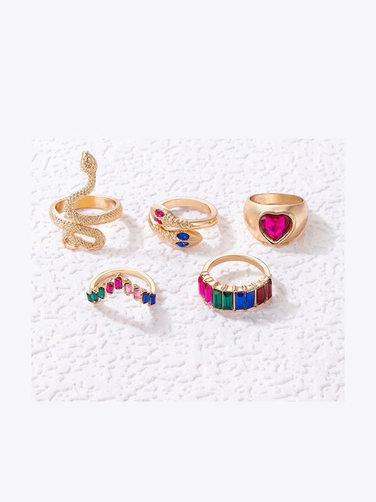 Set Golden Retro Punk Vintage Rings 5 Pieces Snake Heart Multicolor