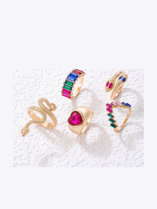 Set Golden Retro Punk Vintage Rings 5 Pieces Snake Heart Multicolor