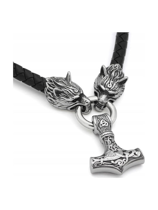 Necklace Silver Men's Thor's Hammer Wolves Thick 356 Necklace Silver Men's Thor's Hammer Wolves Thick 356
