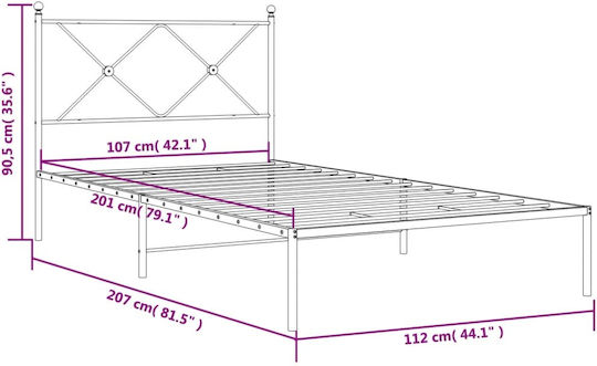 Pat Semi-dublu Metalic Negru cu Plăci pentru Saltea 107x203cm