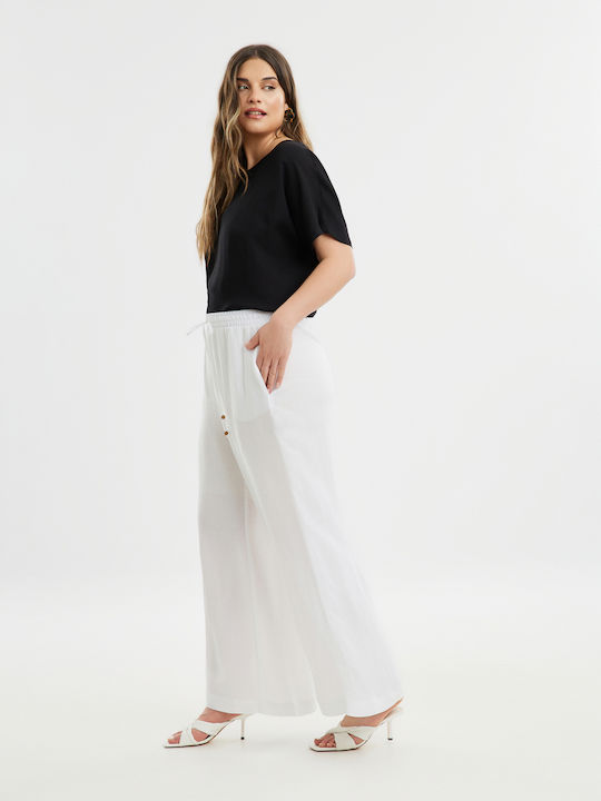 Mat Fashion Pantaloni de damă De in Pantaloni cu elastic Alb