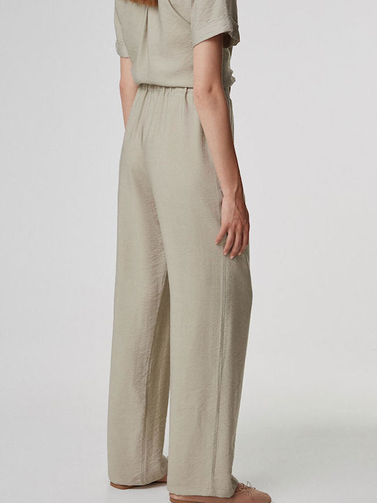 Women's Trousers with Rubber Band in Straight Leg Style Beige