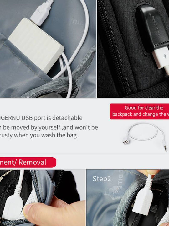 Tigernu Αδιάβροχη Τσάντα Πλάτης για Laptop 15.6" με Θύρα USB σε Γκρι χρώμα T-B3516-BLAK/GREY