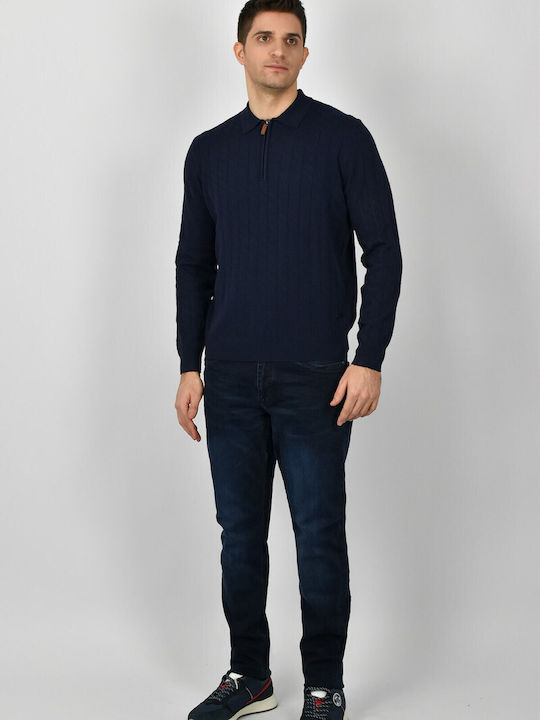 Shutton Blue Men's Long Sleeve Blouse with Zipper Dark Blue